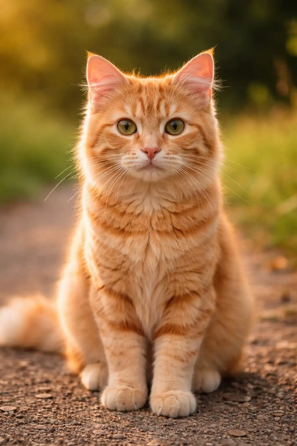Gato naranja sentado en un camino, con luz cálida de atardecer y fondo desenfocado de naturaleza