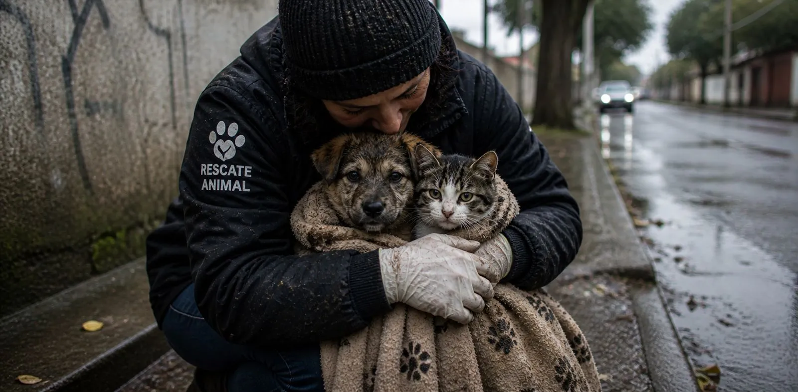 imagen de un señor rescatando un perro y un gato con una manta en la calle