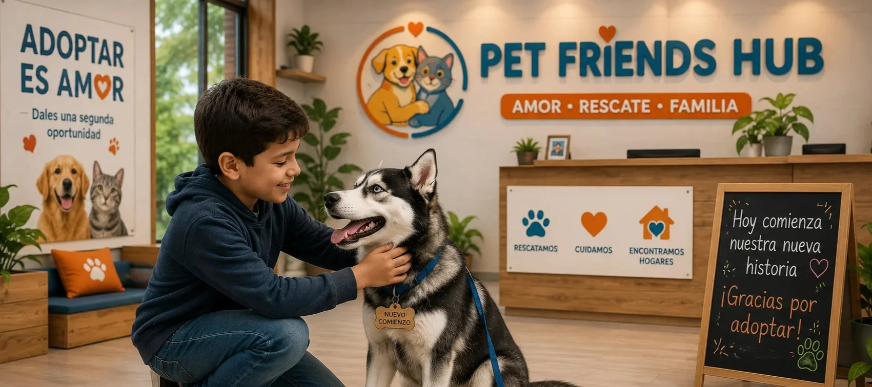 imagen de un niño adoptanto a un perro en pet friends hub