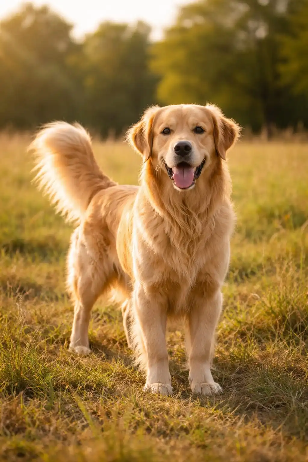 Perro golden retriever de pie en un campo, con expresión feliz y lengua afuera, iluminado por luz cálida