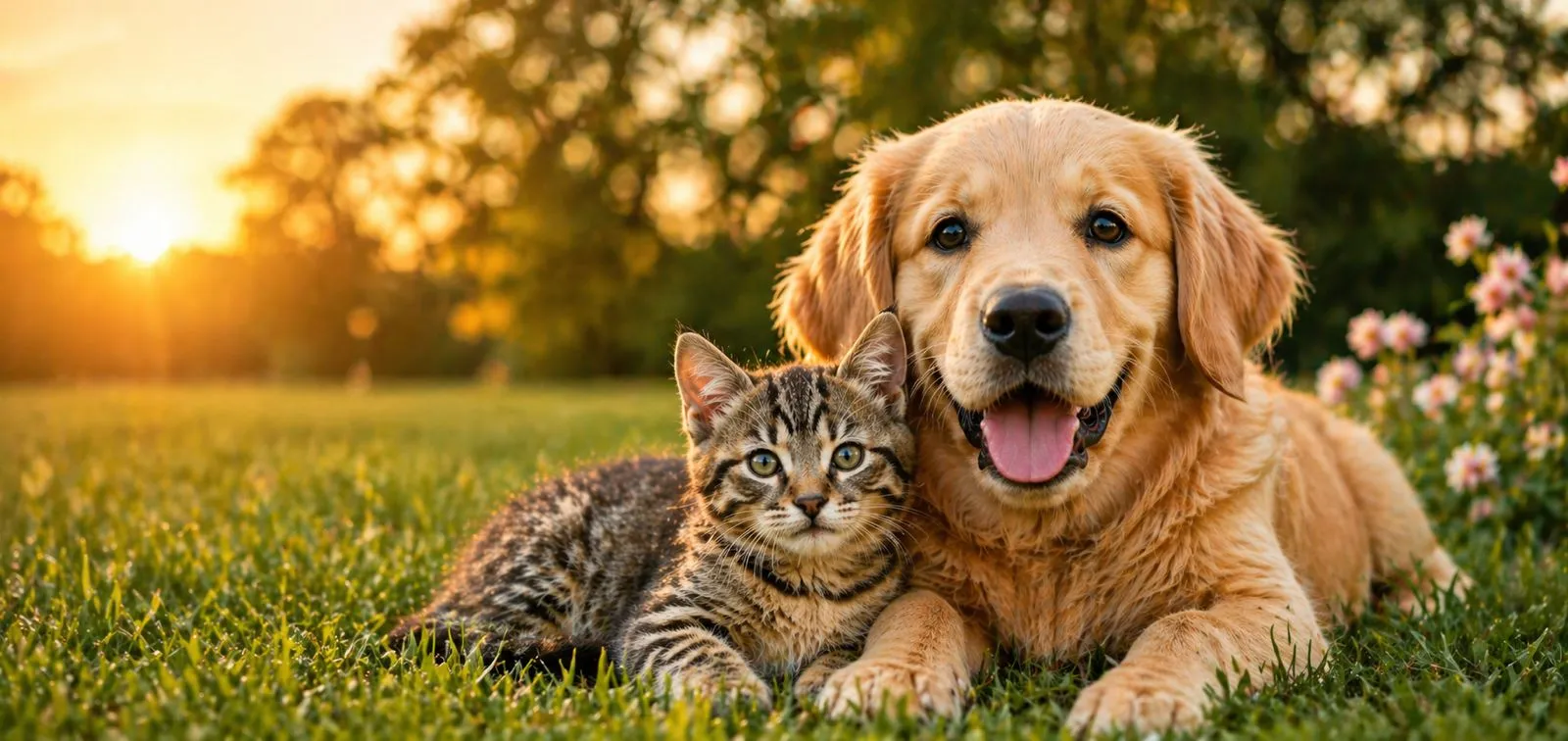 imagen de un perro y gato acostados en el cesped
